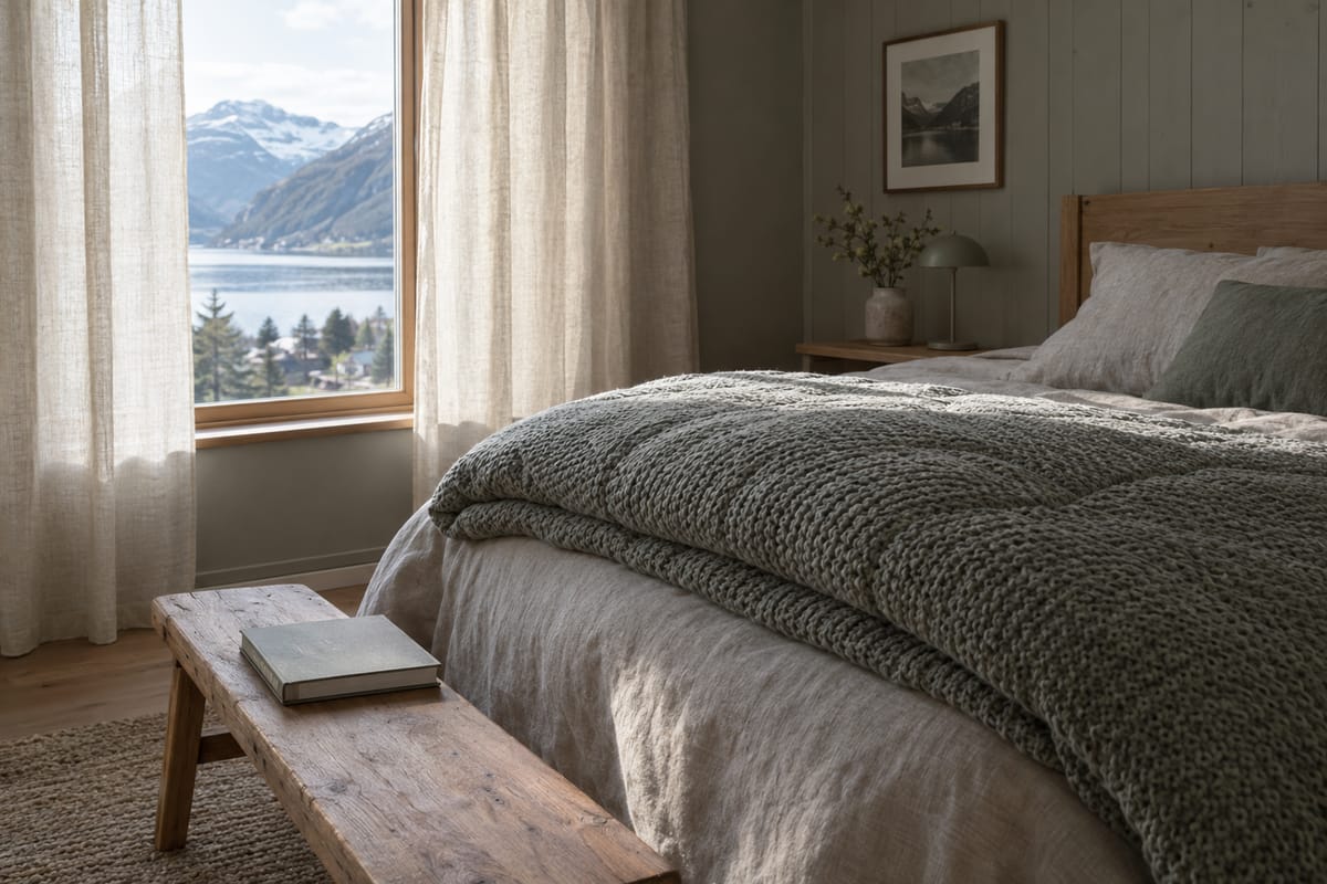 Nordisk soverom om morgenen med en tung dyne brettet på sengen, lin-gardin og en benk med en bok