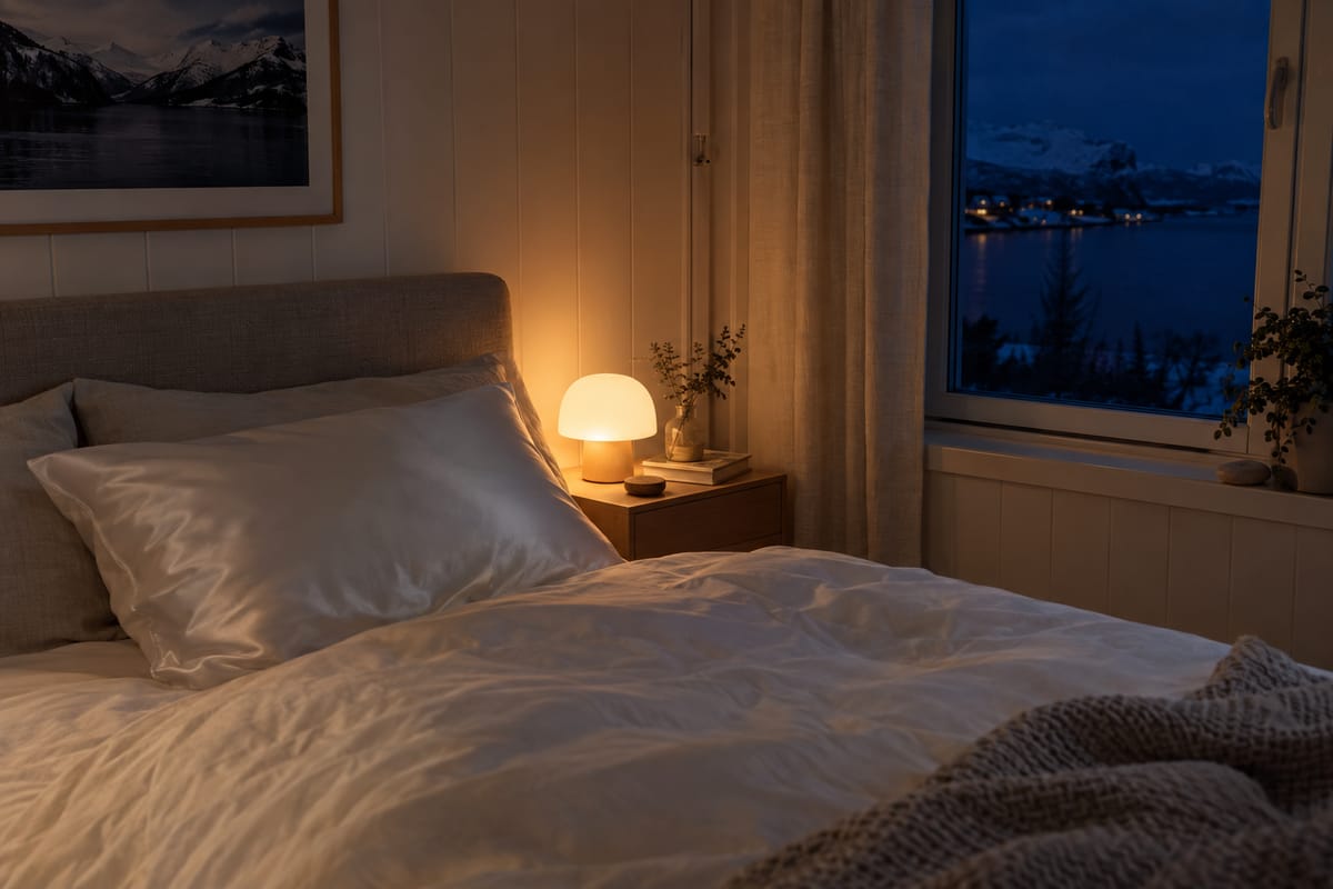 Soverom om natten med hvitt silkeputetrekk, lett dyne og et lite varmt nattlys på nattbordet