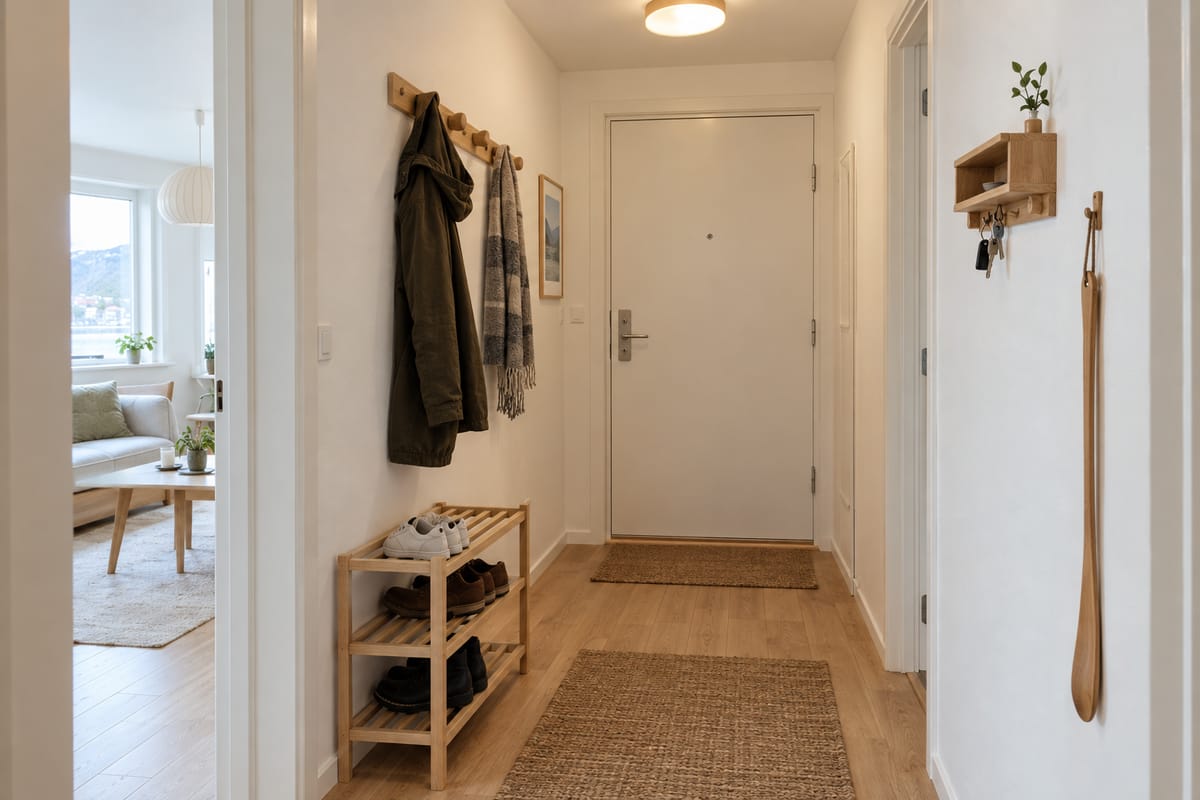 Ryddig gang med skohylle i tre, knagger, skohorn på veggen og en liten nøkkelhylle