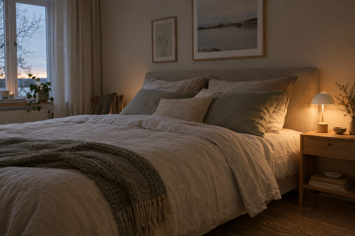 Soverom om kvelden med dempet, varmt lys fra en liten nattbordslampe