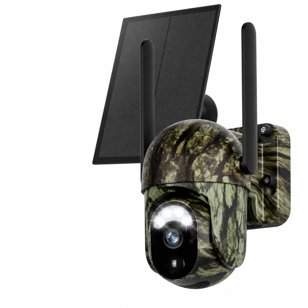 4G Solcelle Overvåkingskamera — camo, montert ute på hytta