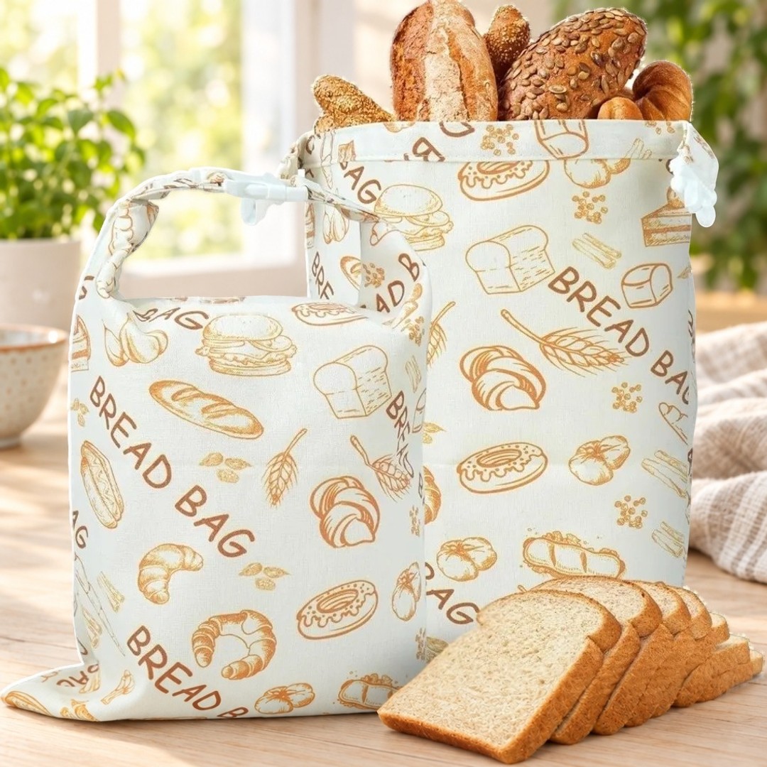 To brødposer med brødmotiv og brød på et kjøkkenbord