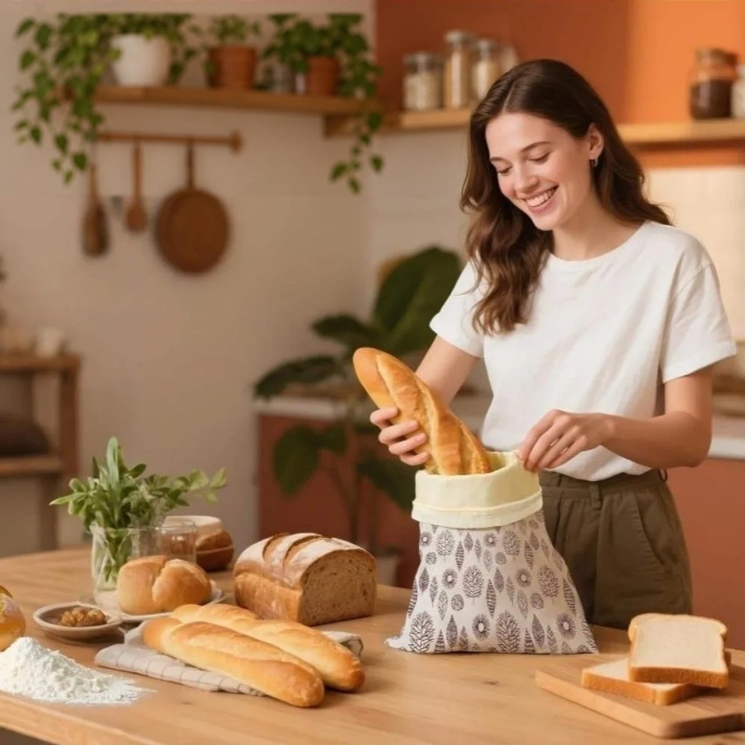 Kvinne legger en baguette i brødposen med blader-mønster på kjøkkenbenken