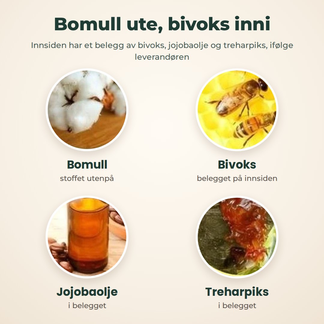 Bomull ute, bivoks inni: bomull, bivoks, jojobaolje og treharpiks