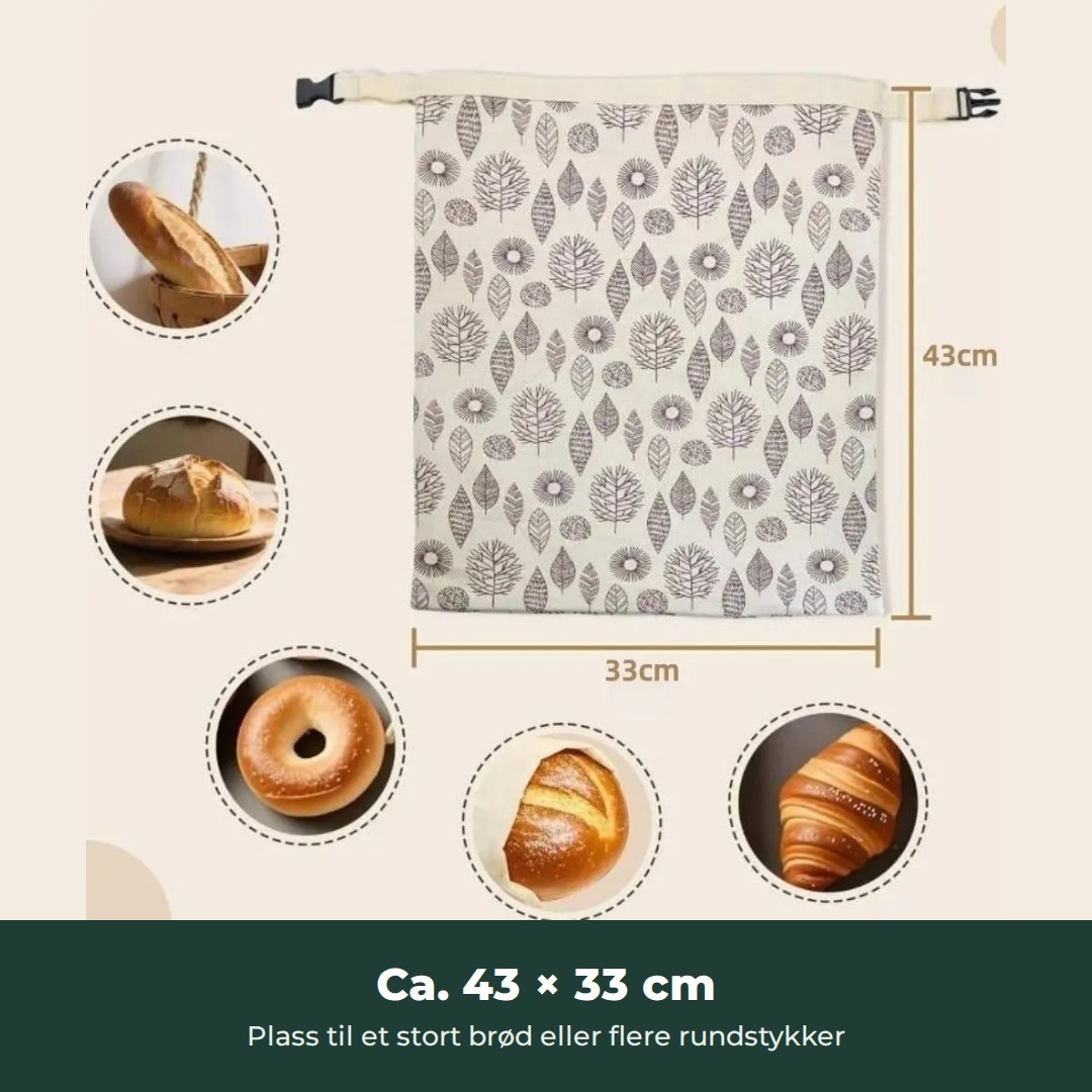Brødposen med blader-mønster lagt flatt: ca. 43 cm høy og 33 cm bred