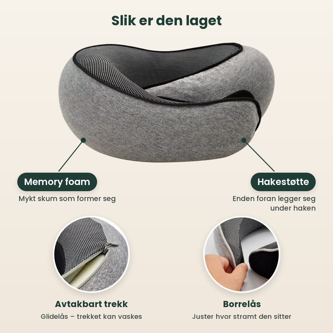 Reiseputen med forklaringer: memory foam, hakestøtte foran, avtakbart trekk med glidelås og borrelås