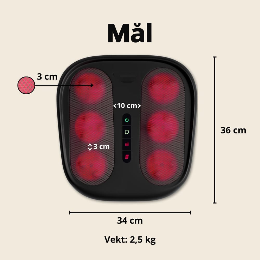 Mål på apparatet: ca. 36 × 34 cm, massasjehoder på ca. 3 cm