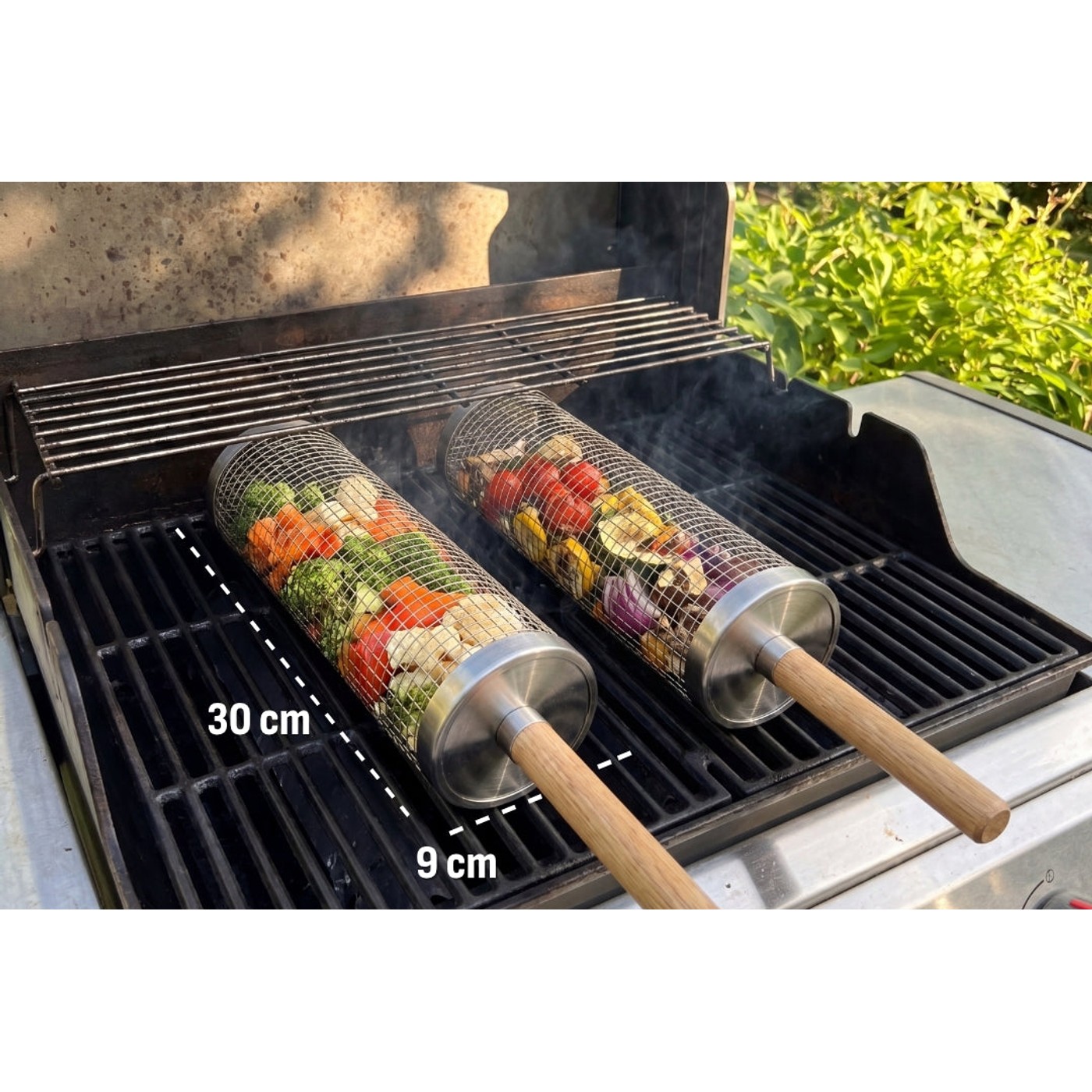 Grillkurven med maal: 30 cm lang, 9 cm i diameter