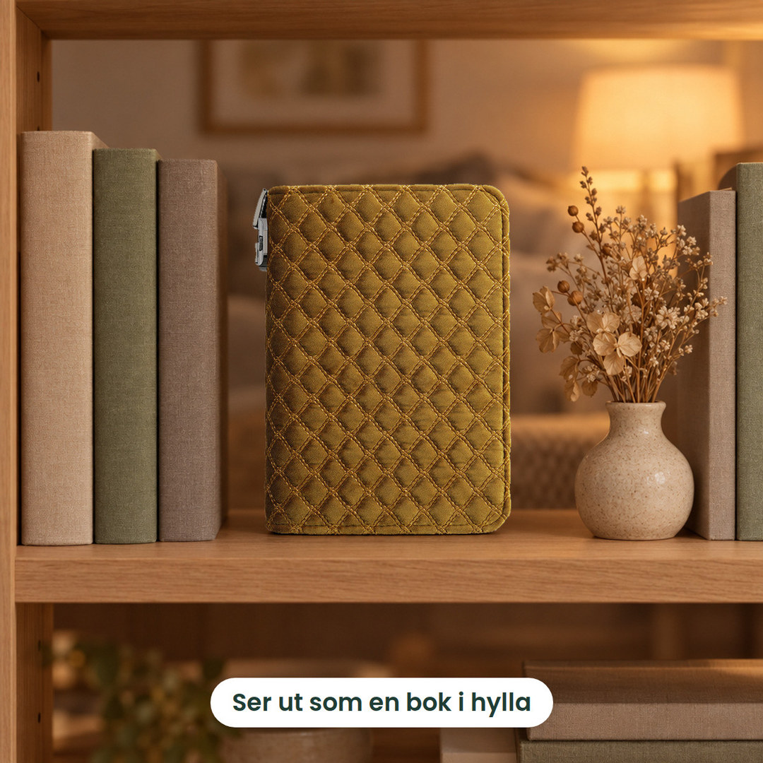 Smykkeboken i gull stående i en bokhylle mellom bøker