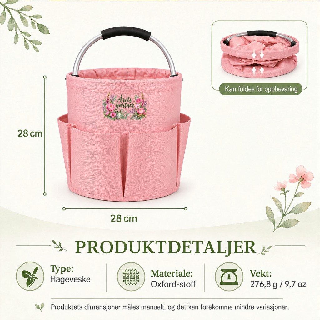 Mål: ca. 28 cm høy og 28 cm i diameter, kan brettes sammen