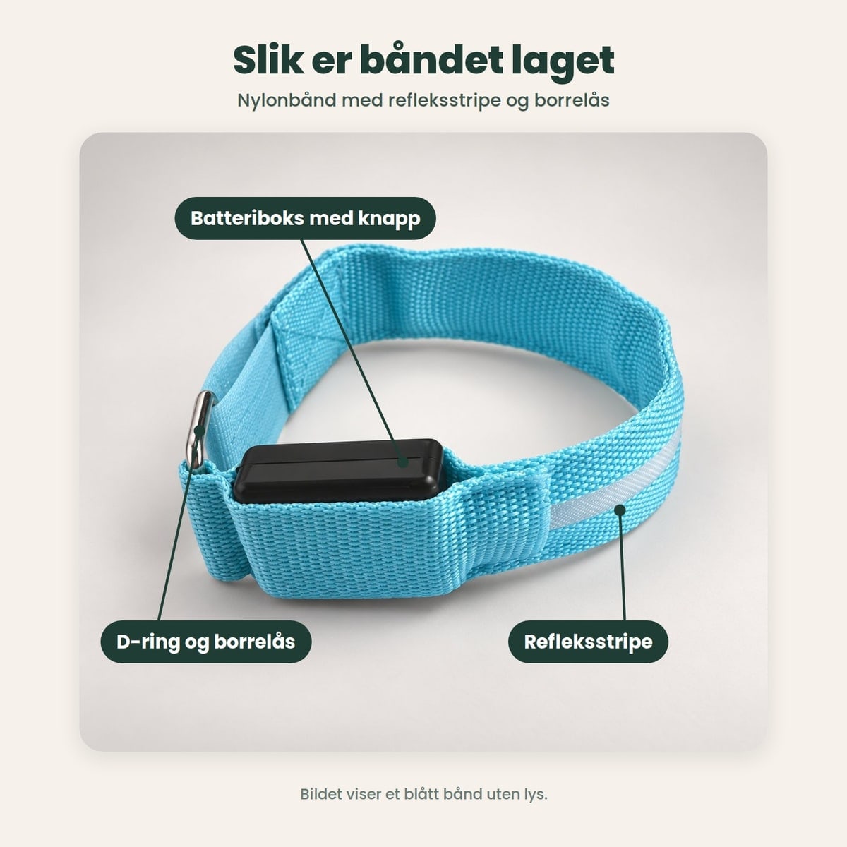 Et LED-bånd uten lys: nylonbånd med refleksstripe, D-ring, borrelås og batteriboks med knapp