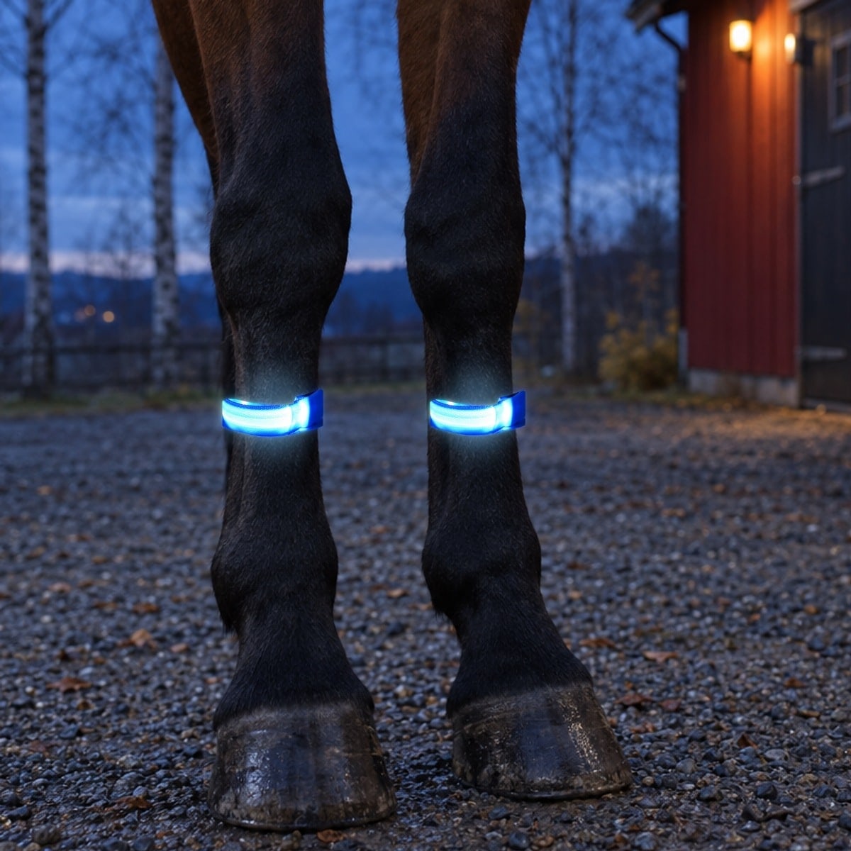 Blå LED-bånd som lyser rundt forbeina på en mørk hest på et gårdstun i skumringen, med en rød stall i bakgrunnen
