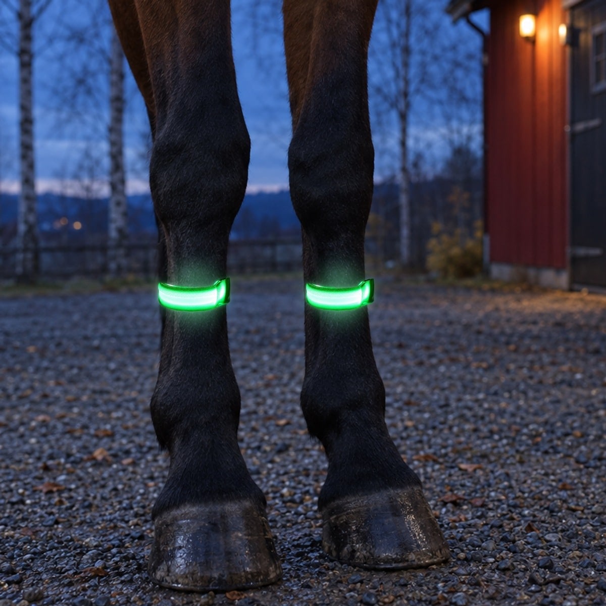 Grønne LED-bånd som lyser rundt forbeina på en mørk hest på et gårdstun i skumringen