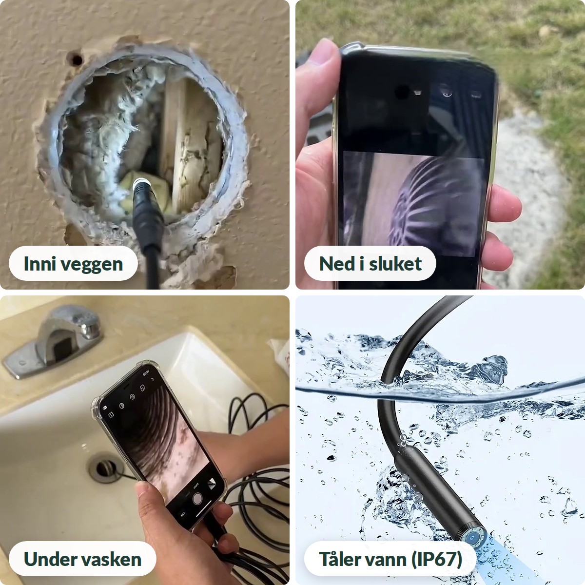 Inspeksjonskameraet brukt inni veggen, ned i sluket og under vasken, og kamerahodet i vann
