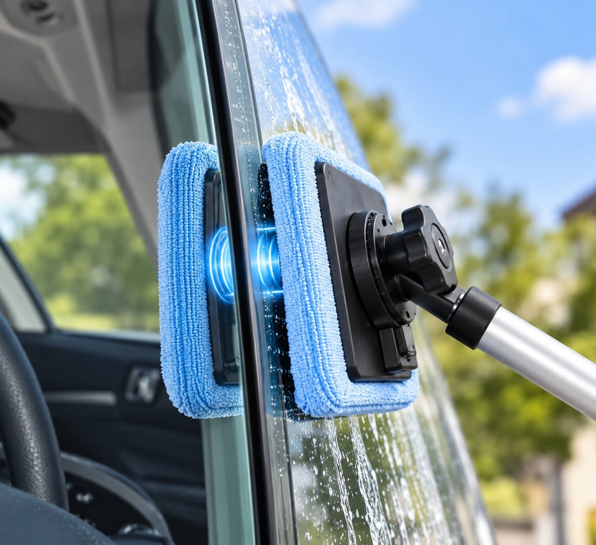 To magnetiske vaskeputer på hver side av et bilvindu
