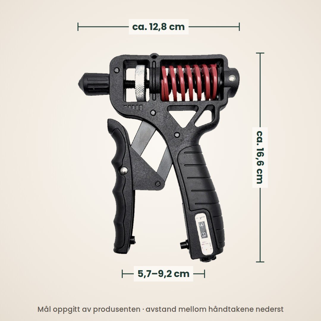 Mål på håndtreneren: ca. 12,8 cm bred og 16,6 cm høy, 5,7–9,2 cm mellom håndtakene