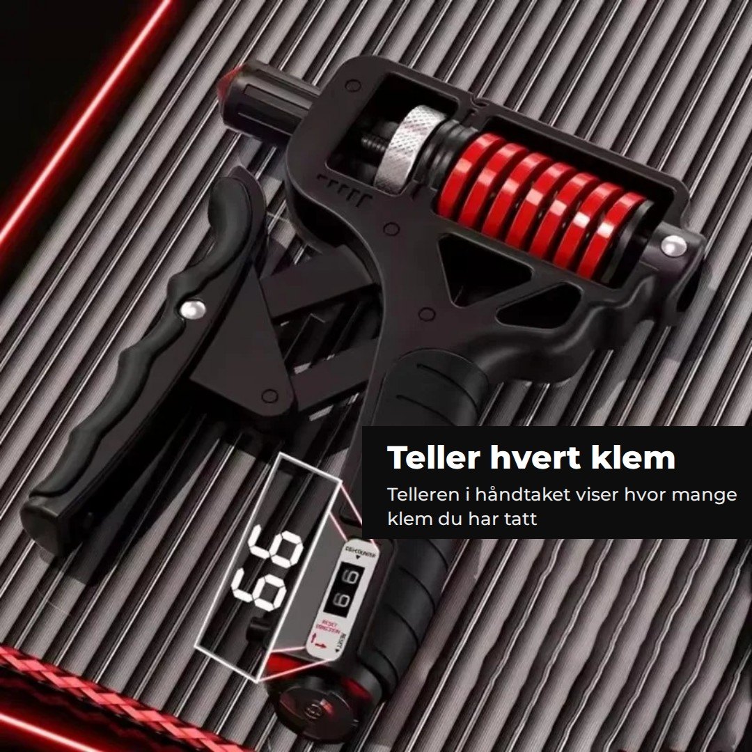 Håndtreneren med telleren i håndtaket forstørret: Teller hvert klem