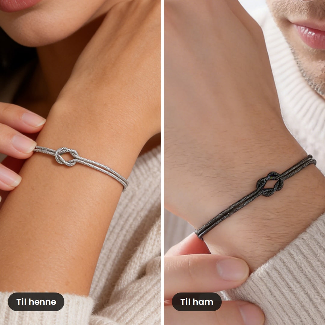 Til henne: sølvfarget armbånd på en kvinnes håndledd. Til ham: svart armbånd på en manns håndledd