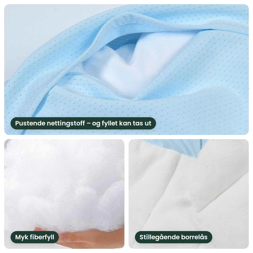 Nærbilder av det lyseblå nettingstoffet med fyllet synlig, den myke fiberfyllen og borrelåsen