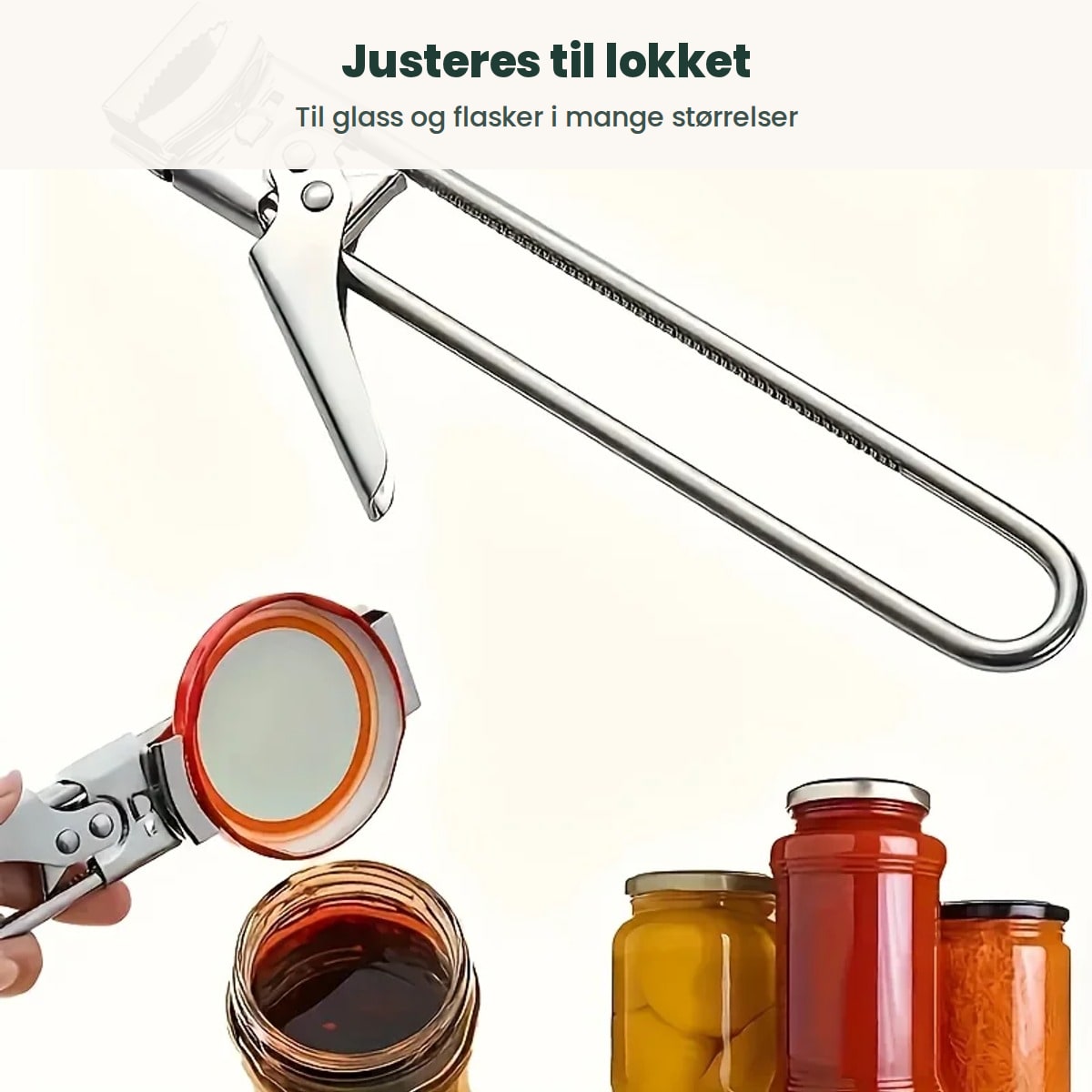 Lokka glassåpner ved siden av glass med syltetøy, saus og pickles