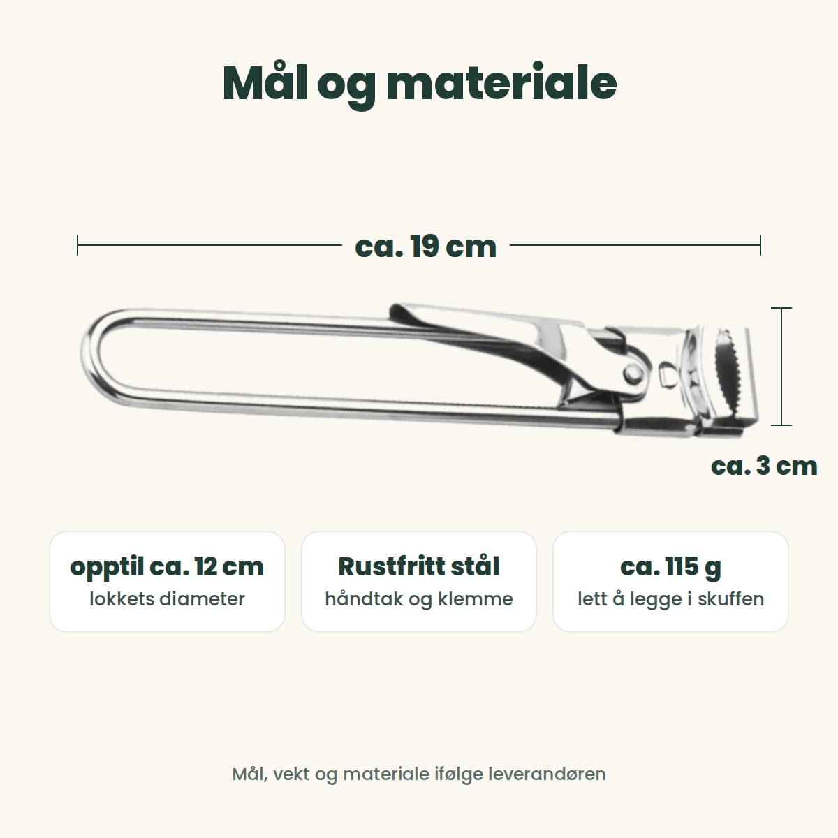 Mål: ca. 19 cm lang og ca. 3 cm bred, åpner lokk opptil ca. 12 cm