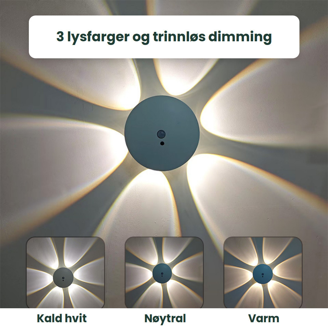 Hvit lampe med blomstermønster og tre små bilder av lyset i kald hvit, nøytral og varm