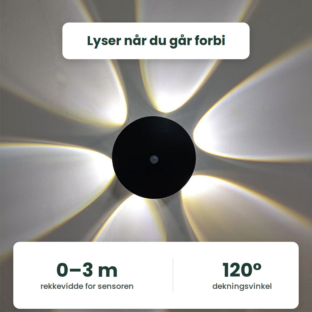 Svart lampe med blomstermønster av lys og teksten 0–3 m rekkevidde for sensoren og 120° dekningsvinkel