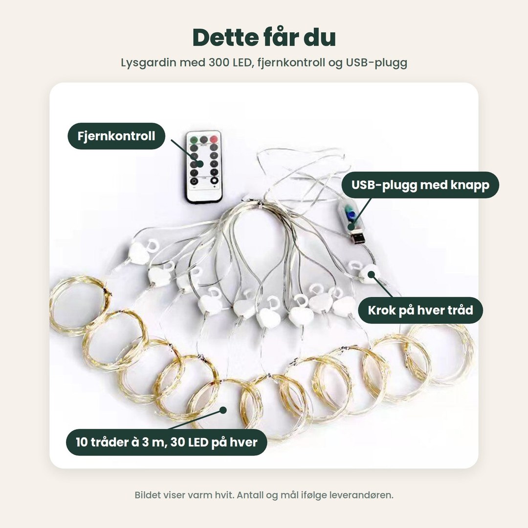 Dette får du: lysgardin med ti tråder og en krok på hver tråd, fjernkontroll og USB-plugg med knapp