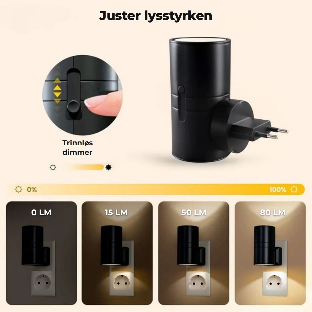 Glidebryteren på siden demper lyset fra 0 til 80 lumen