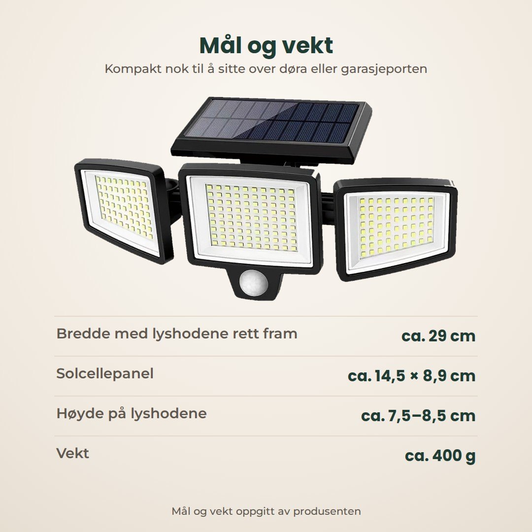 Mål på solcellelampen: ca. 29 cm bred, solcellepanel ca. 14,5 × 8,9 cm, vekt ca. 400 g