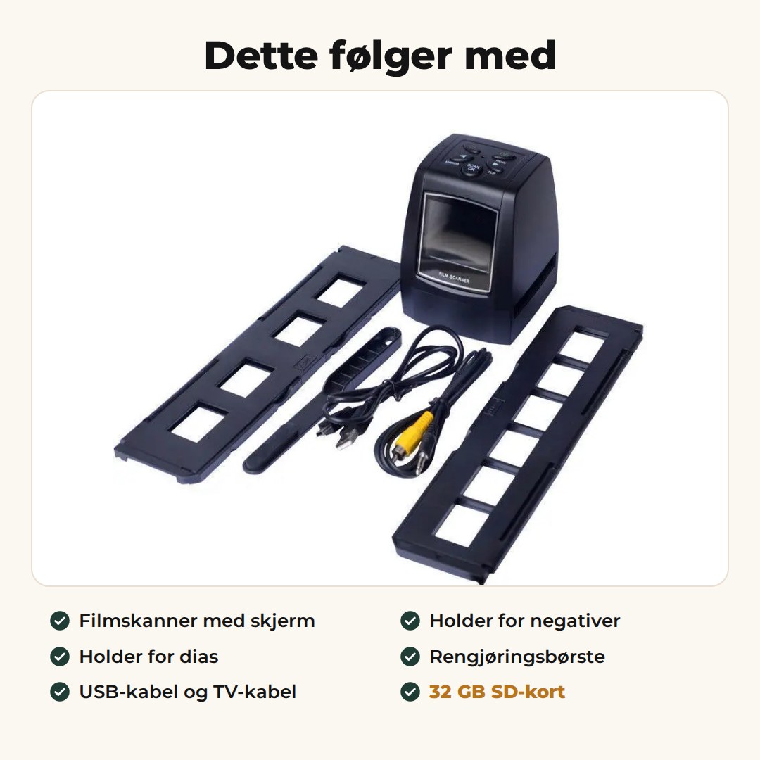 Innholdet i esken: filmskanner, holder for negativer, holder for dias, rengjøringsbørste, USB-kabel og TV-kabel