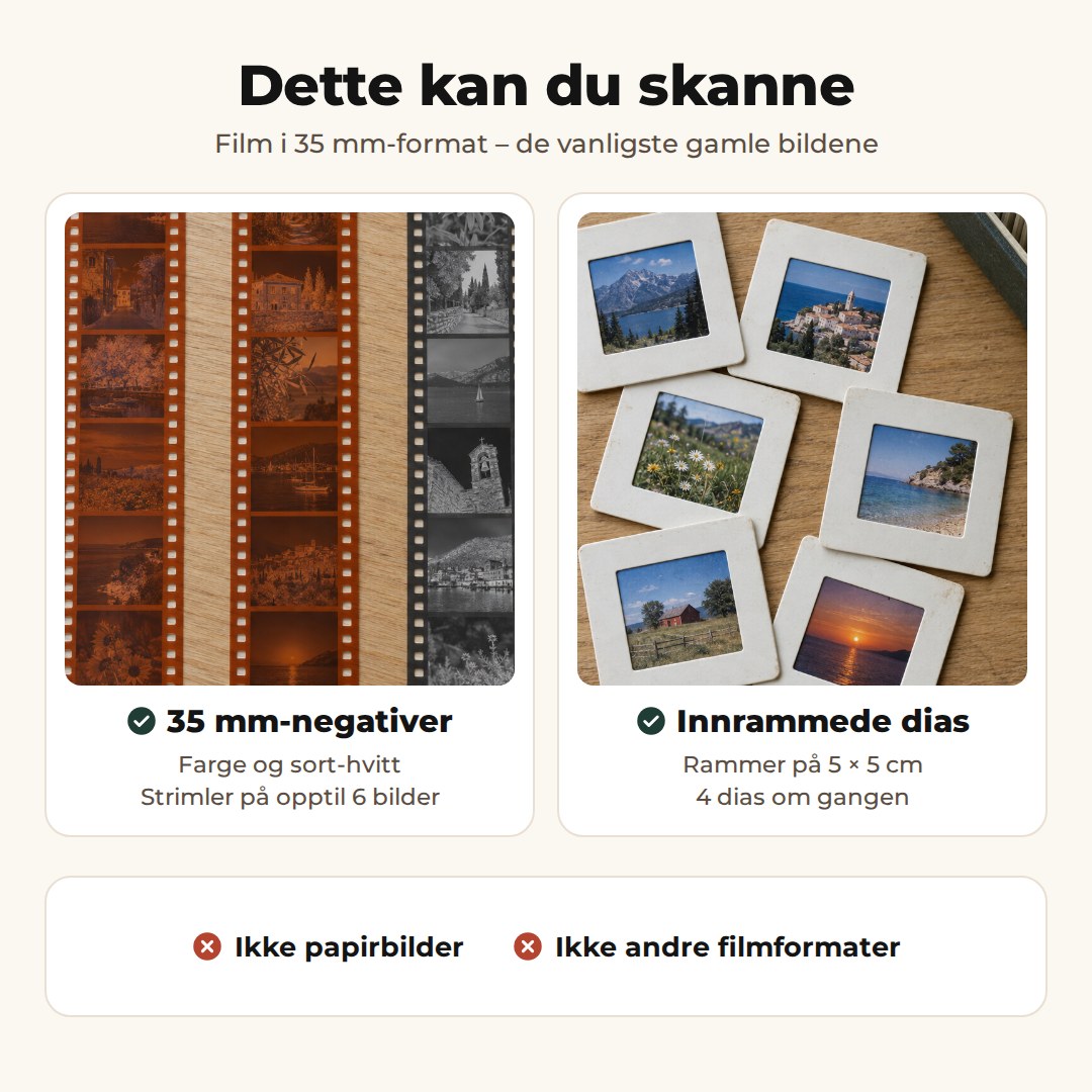35 mm-negativer og innrammede dias kan skannes, papirbilder og andre filmformater kan ikke skannes