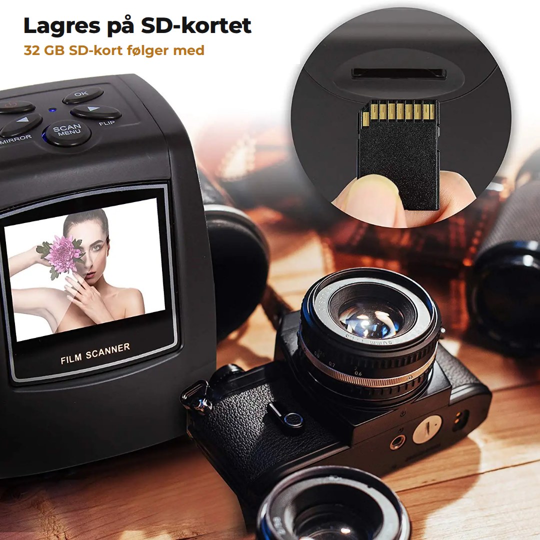 SD-kortet settes i sporet på siden av skanneren, og bildene lagres der