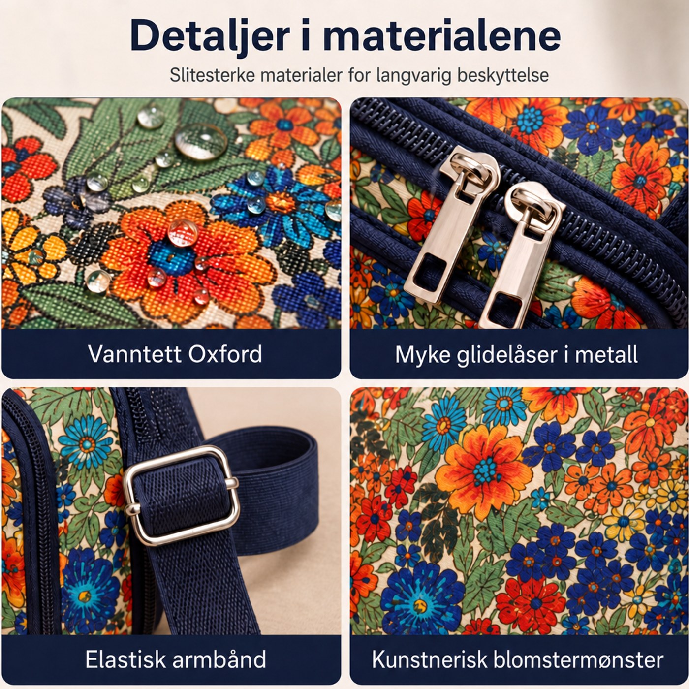 Materialdetaljer: Oxford-stoff, glidelaaser, armbaand