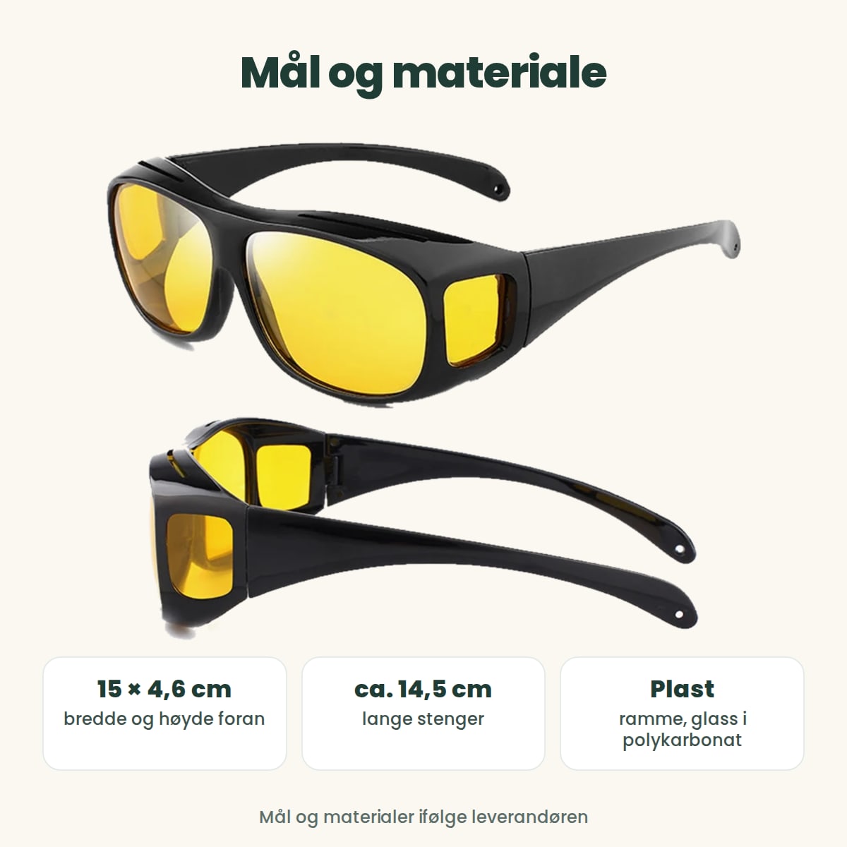 Mål og materiale: ca. 15 × 4,6 cm foran, stenger på ca. 14,5 cm, ramme i plast og glass i polykarbonat