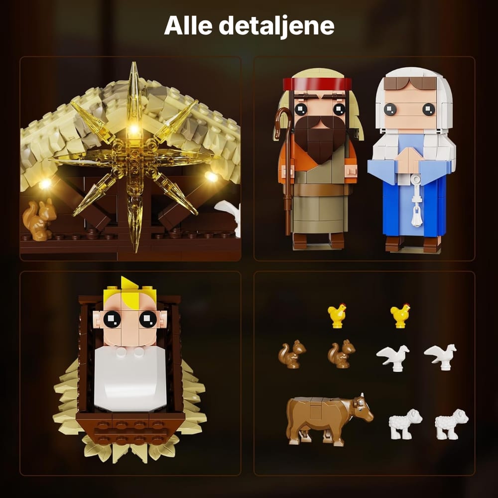 Detaljene i settet: stjerna, Josef og Maria, Jesusbarnet i krybben og dyrene