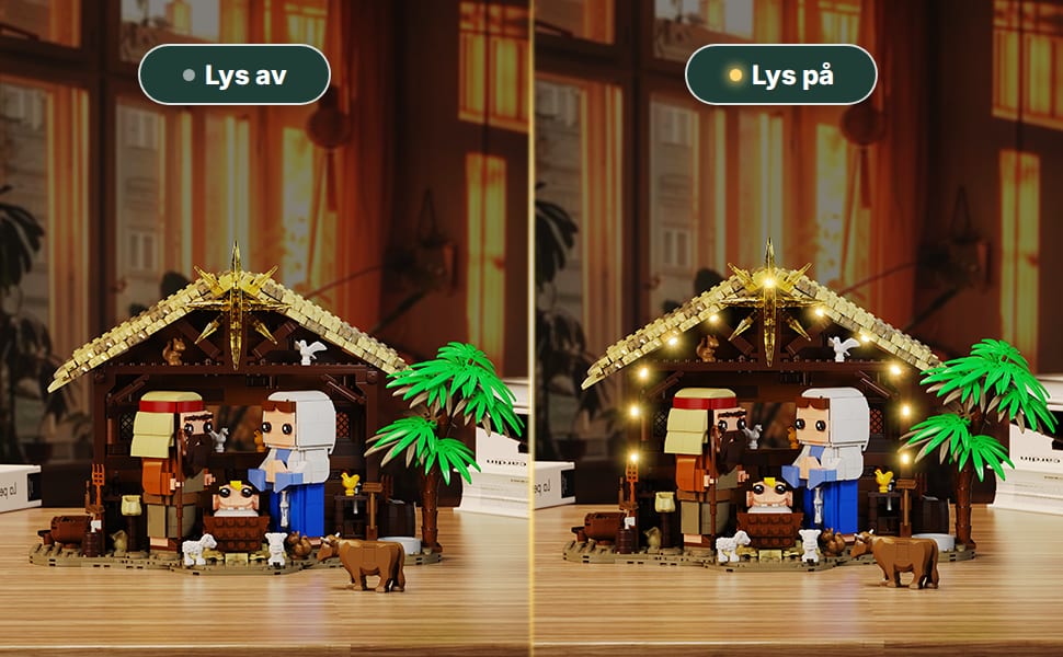 Julekrybba side om side med lyset av og lyset på