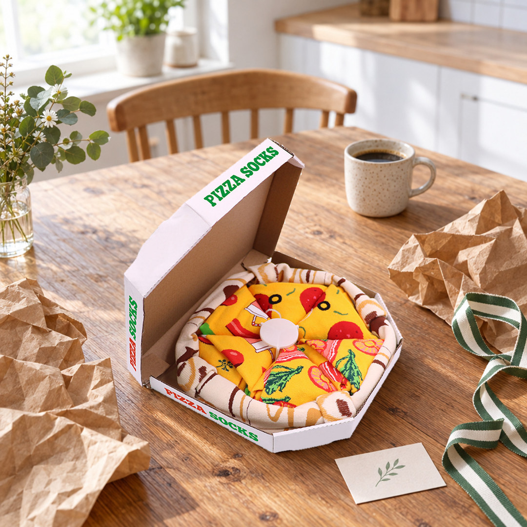 Åpen pizzaeske med pizzasokker på et kjøkkenbord med gavepapir og bånd