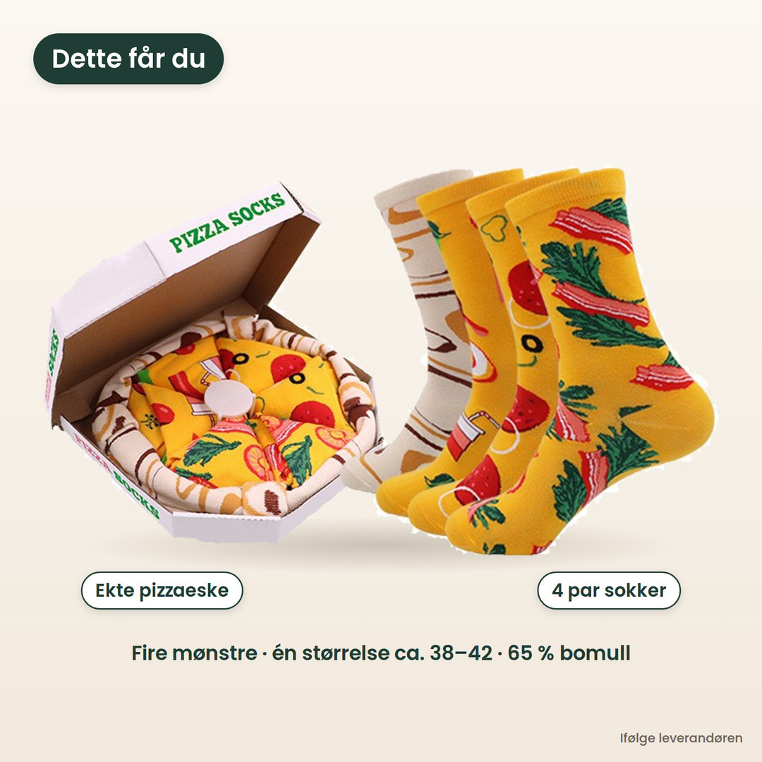 Pizzaesken og de fire sokkene med pizzamønster ved siden av hverandre