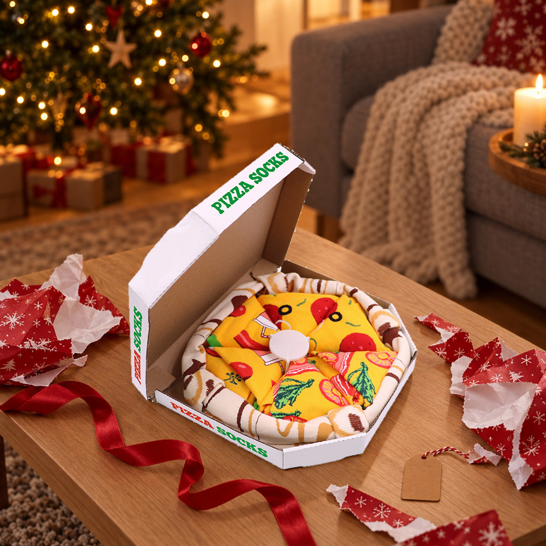 Åpen pizzaeske med sokker rullet som pizzastykker på et salongbord, med gavepapir og juletre i bakgrunnen