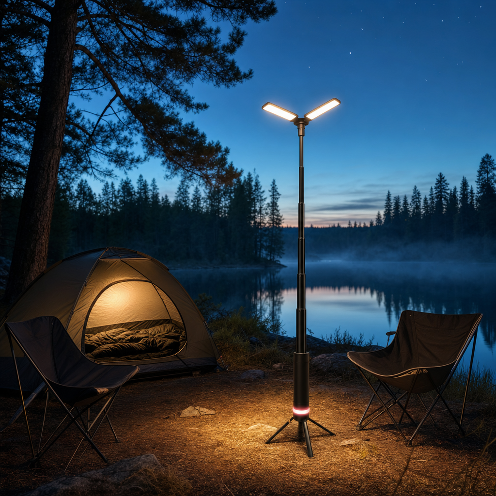 Rover Campinglamp X uitgeschoven tot volledige staande lamp in het kamp