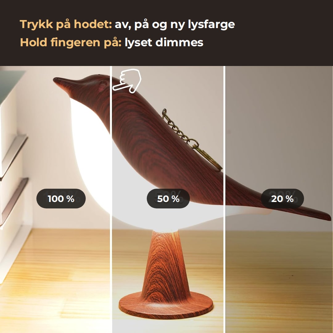 Trykk på hodet for av, på og ny lysfarge, hold fingeren på for å dimme