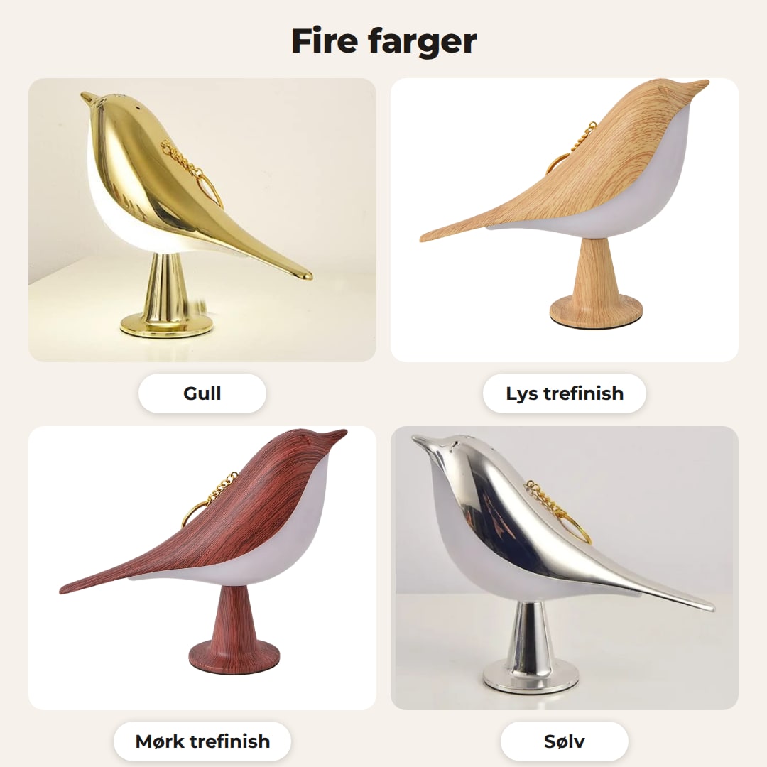 Fuglelampen i gull, lys trefinish, mørk trefinish og sølv