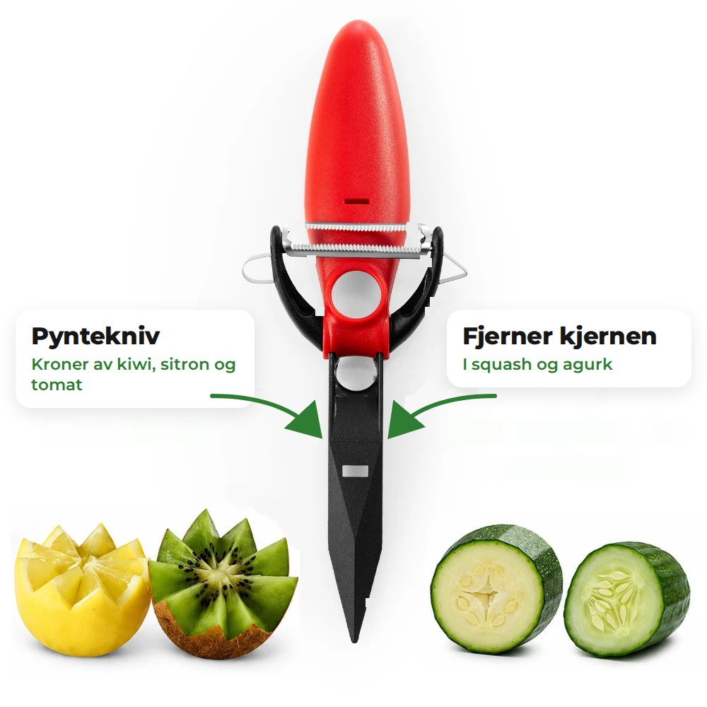Skrella med pyntekniven vippet ut, ved siden av kiwi- og sitronkroner og agurk uten kjerne