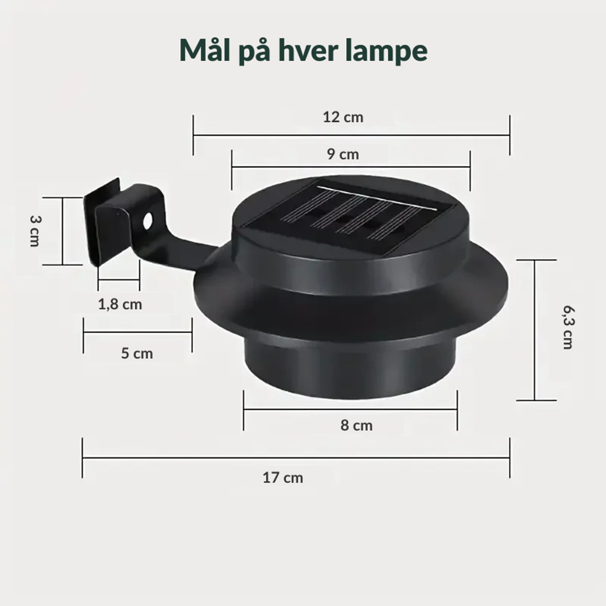 Mål på lampen: ca. 17 cm lang med brakett, 12 cm i diameter og 6,3 cm høy