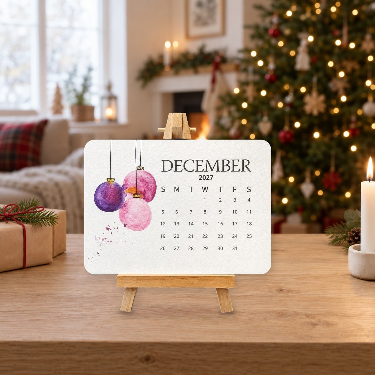 Spira frøkalender for 2027 på stativ ved juletreet, ved siden av en julegave