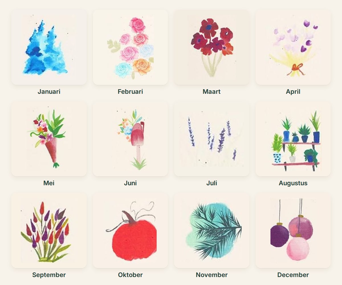 De 12 aquarelmotieven van de zaadkalender, van januari tot december