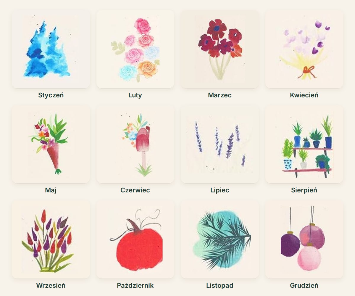12 akwarelowych ilustracji kalendarza z nasionami, od stycznia do grudnia