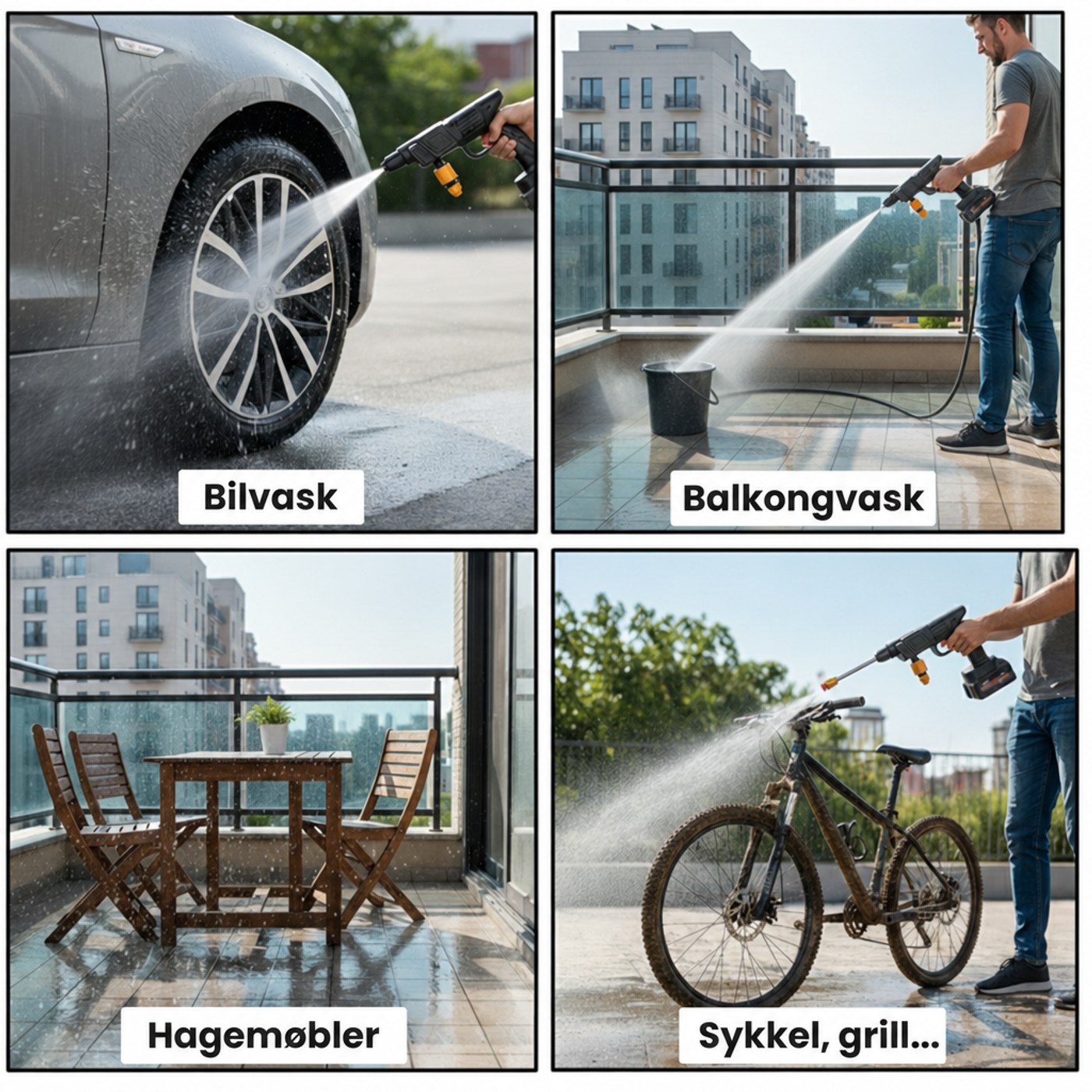 Fire bruksomraader: bil, balkong, moebler, sykkel