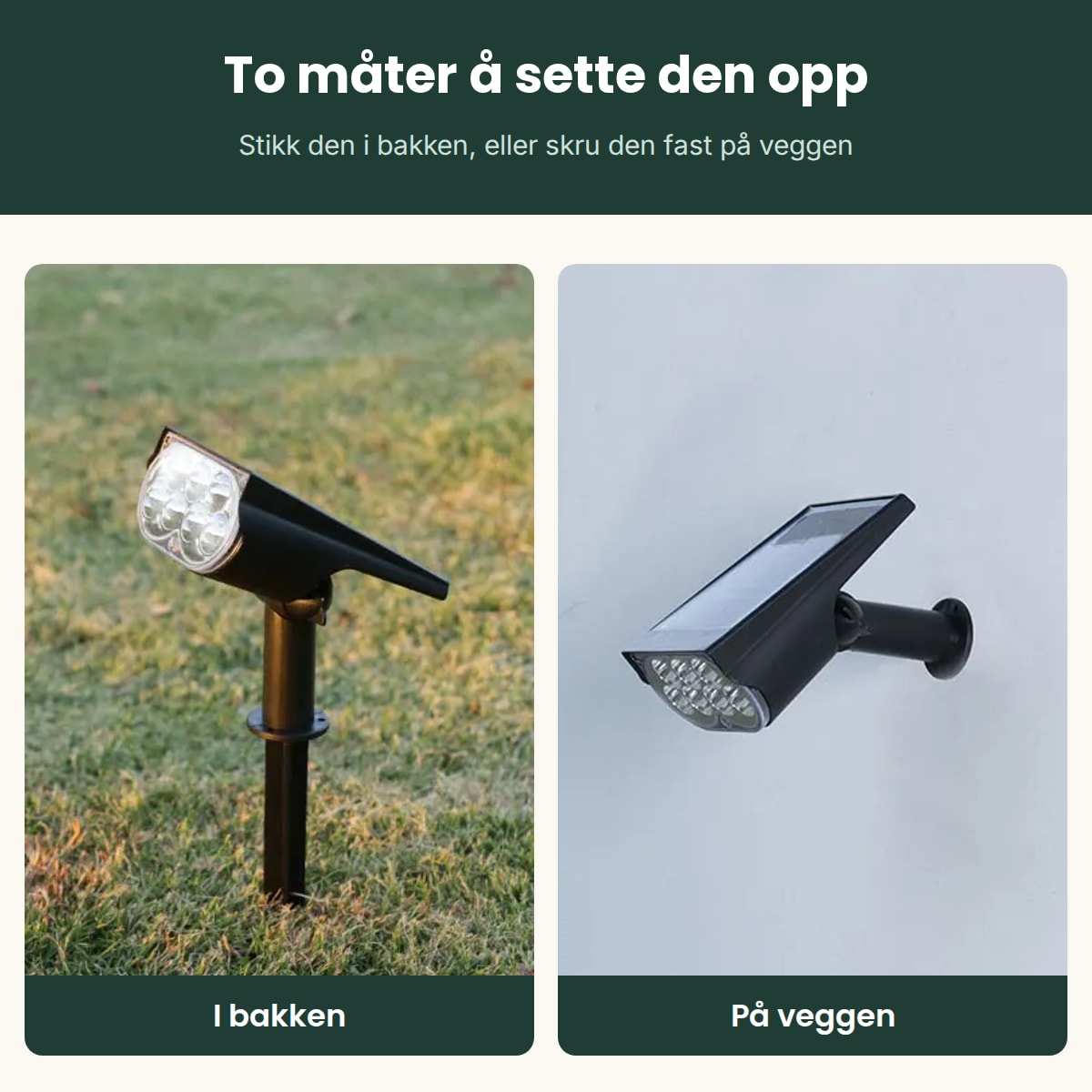 Spotlighten stukket ned i plenen, og skrudd fast på en vegg